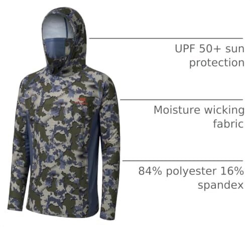 BASSDASH Men's UPF 50+ Camo Long Sleeve Hunting Fishing Hoodie Shirt - color: Green Vegetation Camo With Ash Blue Mesh, size: Large