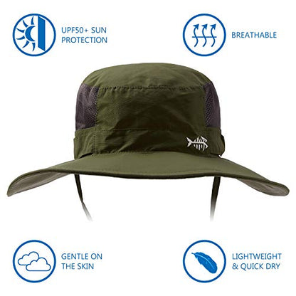 BASSDASH UPF 50+ Sun Fishing Hat Water Resistant with Detachable Neck Flap - color: Army Green