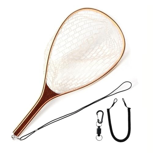 Fly Fishing Landing Net with Wood Handle Wooden Frame Soft Rubber Mesh or Waterproof Nylon Mesh Nets with Magnetic Release for Trout Bass Fish Catch and Release - color: Rubber Net with Magnetic Release