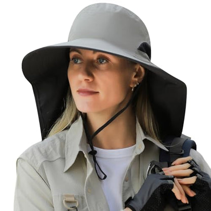 HUAMULAN Women Large Brim Sun Hat with Neck Flap, Men Quick Dry Hiking Fishing Safari Hat UPF 50+ - color: Hyp011-qianhui