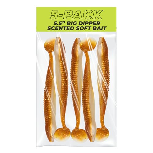 Charlie's Worms Big Dipper Scented Soft Bait for Freshwater & Saltwater Fishing, Paddle Tail Swimbait Lures, Plastic Minnows, Bass, Walleye, Trout, Snakehead, with Variety of Colors (5 Pack) - color: Neon Black Red Glitter