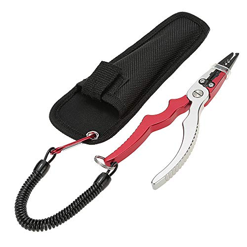 Aluminum Fishing Pliers Split Cutters Hooks Remover Fishing Holder Tackle with Oxford Sheath and Security Landyard (red) - color: Red