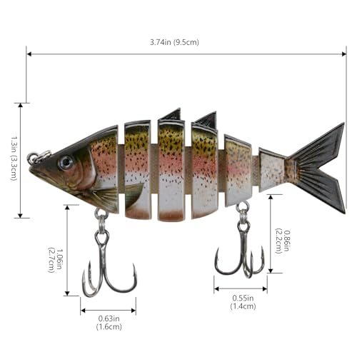BASSDASH Bone Swimbait Multi Jointed Hard Fishing Lure for Bass Trout Bluegill Pike with Angled Cut Segments - color: Rainbow Trout
