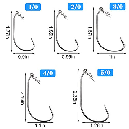 Twistlock Fishing Hooks,50pcs Bass Fishing Worm Hooks with Centering Pin Spring Unweighted Swimbait Hooks for Soft Plastics Lure Baits Saltwater Freshwater Size 1/0 2/0 3/0 4/0 5/0 - size: 5 sizes mixed-50pcs