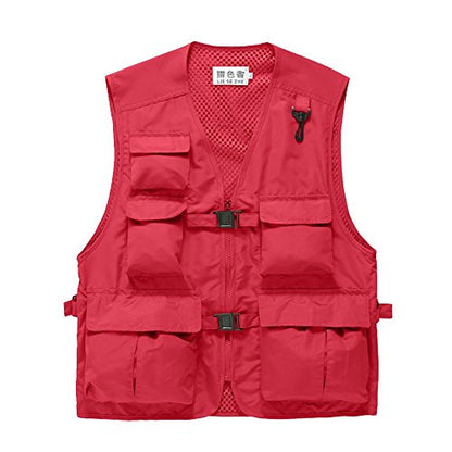 Unisex Breathable Fishing Vest, Multi-Pockets Photography Travel Hunting Waistcoat Jacket for Adults and Youth - color: Red, size: Large