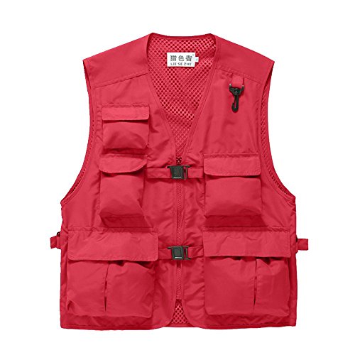 Unisex Breathable Fishing Vest, Multi-Pockets Photography Travel Hunting Waistcoat Jacket for Adults and Youth - color: Red, size: 3X-Large