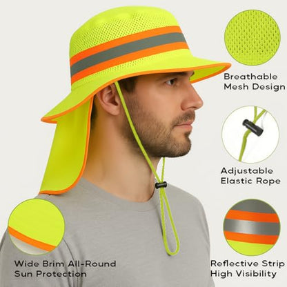 Men High Visibility Reflective Work Safety Sun Hat with Neck Flap Wide Brim Boonie UV Protection - color: 2pcs (Orange+lime)
