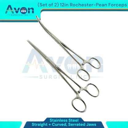 Pack of 2pcs - 12" Pean Hemostat Forceps with Serated Jaws | Curved + Straight | Autoclave-Safe Stainless Steel Fishing Pliers, Multi-Purpose