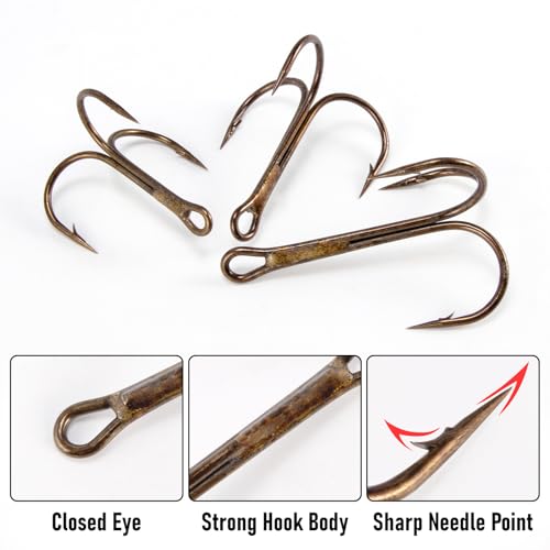 Dr.Fish 30 Pack Round Bend Treble Hooks #16-#8/0, Triple Fishing Hooks Saltwater&Freshwater, Replacement Hardbait Crankbait Spinner Catfish Walleye Trout Salmon Bass Fishing - color: Bronze, size: #2-30 Pack
