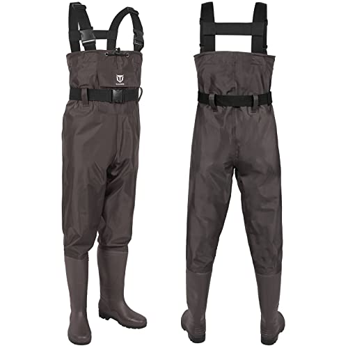 TIDEWE Bootfoot Chest Wader, 2-Ply Nylon/PVC Waterproof Fishing Hunting Waders with Boot Hanger for Men Women Green Brown - color: Brown, size: M7/W9