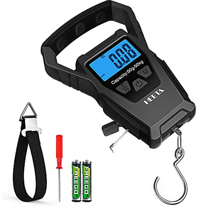 HEETA Waterproof Fish Scale Digital Hanging Fishing Luggage Weight Scale | Up 110lb/50kg Portable Scale with Backlit LCD Display, for Home & Outdoor, Measuring Tape and 2 AAA Batteries Included - color: Black