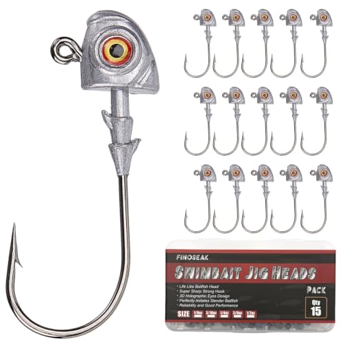 3D Eyes Bass Jig Heads for Fishing, 15Pcs Finesse Swimbait Jig Head with Cone Bait Keeper Lifelike Minnow Style Jigheads Saltwater&Freshwater 1/8 3/16 1/4 3/8 1/2oz - size: 3/16oz-1/0, 15Pcs