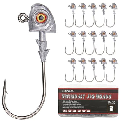 3D Eyes Bass Jig Heads for Fishing, 15Pcs Finesse Swimbait Jig Head with Cone Bait Keeper Lifelike Minnow Style Jigheads Saltwater&Freshwater 1/8 3/16 1/4 3/8 1/2oz - size: 3/8oz-3/0, 15Pcs