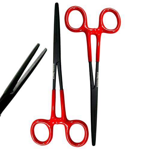 6.25" Multi-Purpose Hemostat Forceps Pliers, Locking, Red Vinyl Grip Handle, Black, German Stainless Steel | Fishing Pliers, Fish Hook Removing, Crafts, Electronics (Set of 2)