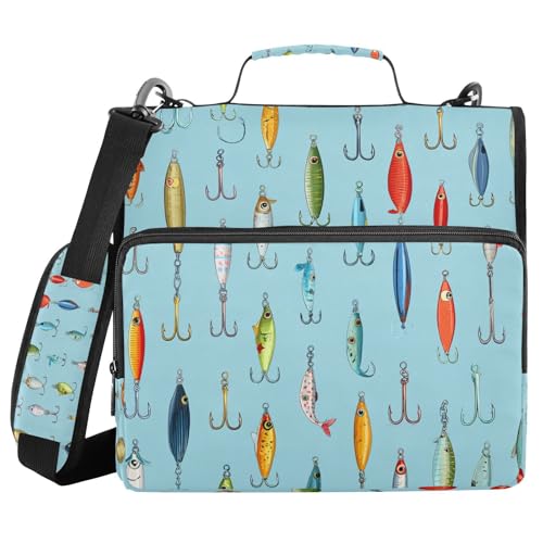Fishing Lures Blue 3 Ring Zipper Binder with Strap 1.5 inch 500 Sheet Capacity File Folder Storage Organizer