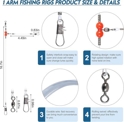 Fishing Leader Rigs Saltwater Tackle Rigs with Swivels Snaps, High Strength Wire Leaders Rigging Surf Fishing Gear Equipment for Lures Bait Hooks Catfish Walleye - color: Blue Nylon Leader, size: 24PCS, style: 1 Arm