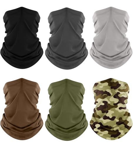 Fuinloth Neck Gaiter, 6 Pack Cooling UV Protection Bandana Face Mask Gator | Breathable Sweat Wicking, UPF 50, Sun Wind Dust Shield, Quick Dry & Washable, 95% Polyester 5% Spandex - color: Black+gray+green+light Gray+brown+camo Green