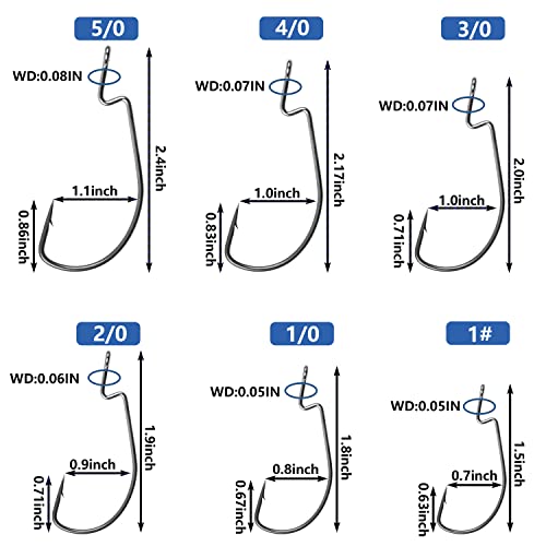 Offset Bass Fishing Hooks, 100pcs Wide Gap Worm Hooks 3X High Carbon Steel Bait Jig Fish Hooks for Bass Trout Saltwater Freshwater - size: 100pcs-1/0