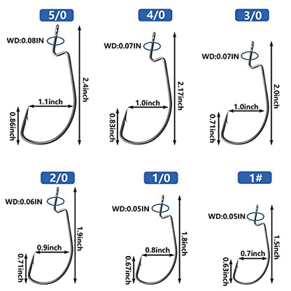 Offset Bass Fishing Hooks, 100pcs Wide Gap Worm Hooks 3X High Carbon Steel Bait Jig Fish Hooks for Bass Trout Saltwater Freshwater - size: 100pcs-5/0