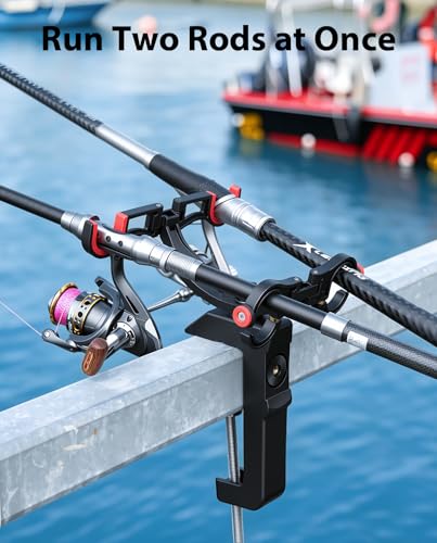 Clamp On Fishing Rod Holder for Boat Canoe Pontoon Kayak Dock | 360° Adjustable, Heavy Duty, Round & Square Rail Mount, Saltwater Safe - color: Dual Rod Holder- 2 Pack