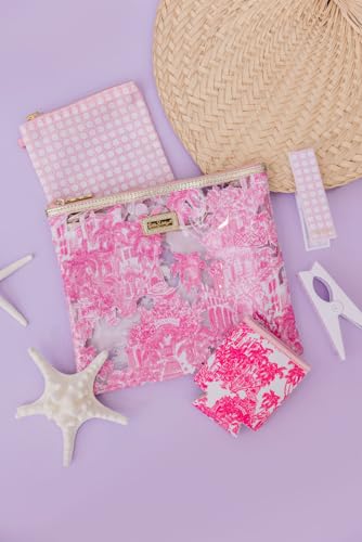 Lilly Pulitzer Water Resistant Vinyl Beach Day Pouch, Zipper Bag Includes Drink Hugger, Small Pouch, and Towel Clips - color: Palm Beach Toile