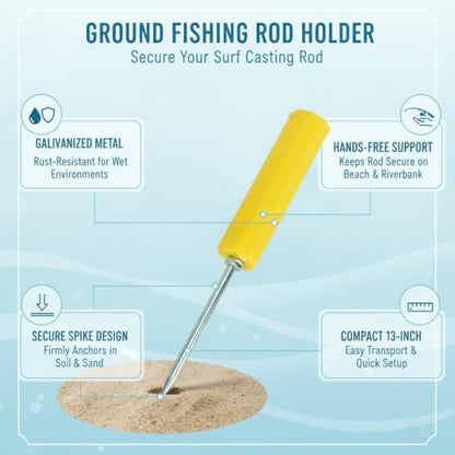 Ground Fishing Rod Holder, Galvanized Metal Spike for Beach and Riverbank, Support for Surf Casting (1 PC) - color: Yellow