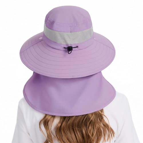 BASSDASH UPF 50+ Breathable Sun Hat with Removable Face Cover and Neck Flap Wide Brim Bucket Hat for Fishing Hiking Men Women - color: Light Purple