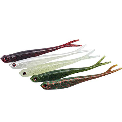 RUNCL Anchor Box - Paddle Tail Swimbaits, Soft Jerk Baits, 20/40/50/60pcs Soft Fishing Lures, Curved Tail Grubs - 3D Lifelike Eyes, Split/Boot/Curved/Straight/Thin Tail - 1/2/3/4/5in, Proven Colors - color: J - Split Tail w/ External Etched Scales (5-1/8i