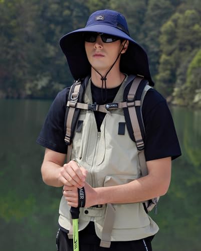 HUAMULAN Men Summer Sun Hat Women Safari Wide Brim Fishing Hats UV Protection Neck Flap Bucket Gardening Hiking Hunting Cap - color: Navy With Black Mesh