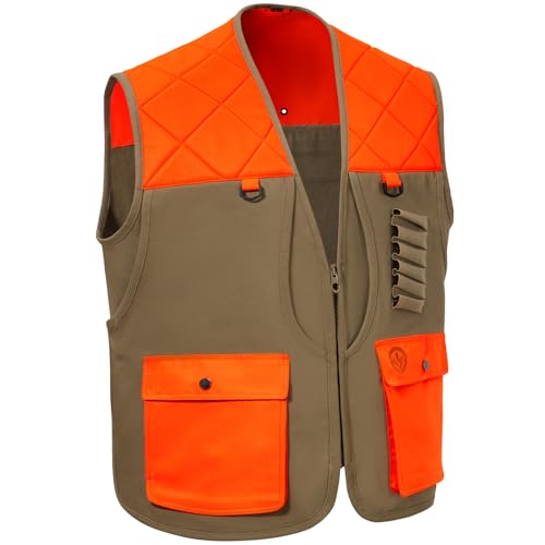 BASSDASH Upland Game Field Water-Resistant Bird Hunting Vest with Multi Pockets Men Women FV11 - color: Dark Khaki/Blaze Orange, size: Large