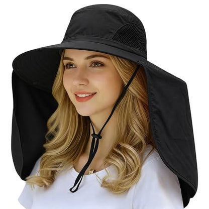 HUAMULAN Women Large Brim Sun Hat with Neck Flap, Men Quick Dry Hiking Fishing Safari Hat UPF 50+ - color: Black Solid