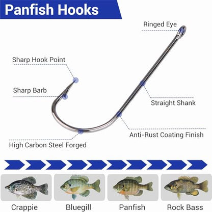 Panfish Fishing Hooks, 200Pcs Aberdeen Hooks 5 Sizes Assorted | Light Wire Crappie Hooks, Straight Shank Live Bait Fishing Freshwater, For Bluegill Small Bass, 6# 4# 2# 1# 1/0