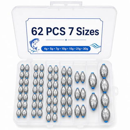 Egg Sinkers Fishing Weights Kit, 40/62pcs 6/7 Sizes Egg Sinker Assortment 1/8-1 oz, Slip Sinkers for Saltwater Freshwater Bass Catfish Fishing, Smooth Bore Lead Sinkers Weights with Tackle Box - size: 62 pcs / 7 Sizes