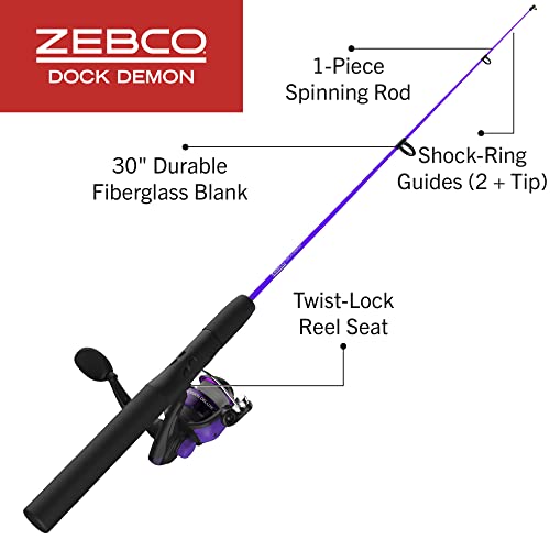 Zebco Dock Demon Spinning Reel or Spincast Reel and Fishing Rod Combo, 30-Inch Durable Fiberglass Rod, QuickSet Anti-Reverse Fishing Reel - style: Spinning Reel - Purple