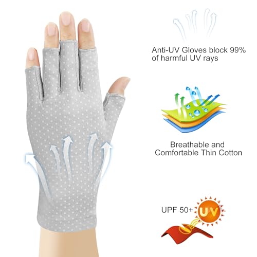 Senkary 3 Pairs Sun UV Protection Gloves Non Slip Cotton Fingerless Driving Biking Sunscreen Nail Manicure Gloves for Women - color: Khaki, Gray and Black