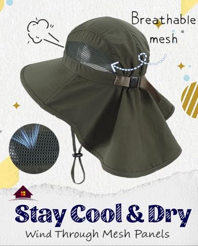 Home Prefer UPF50 Wide Brim Kids Sun Hat Neck Flap Boys Girls Sun Protection Hat for Beach Fishing - color: Army Green, size: 2-4T