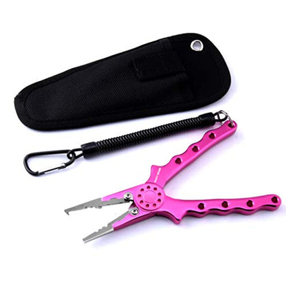 Professional Saltwater/Fresh Water Aluminum Fishing Pliers Tungsten Carbide Cutters Hook Remover with Sheath and Lanyard - color: Pink