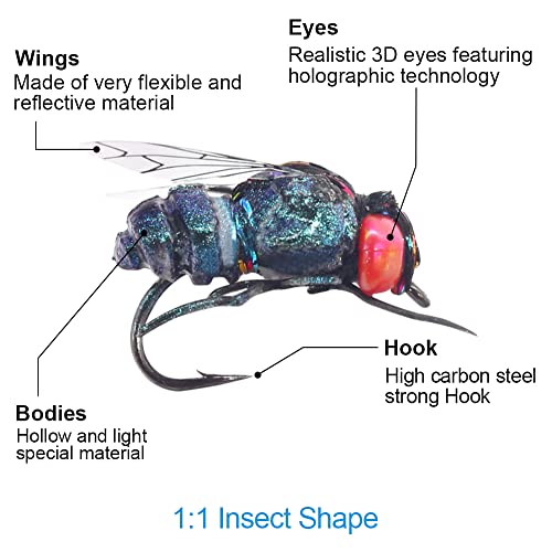 YZD Realistic Fly Fishing Dry Wet Nymph Trout Flies Topwater Lures for Freshwater Saltwater High Simulation Hand Tie Lure Kits 6 pcs