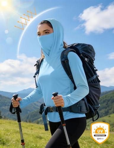 isnowood Women's Sun Protection Hoodie UPF 50+ Hiking Fishing Shirt, Long Sleeve UV Rash Guard with Face Mask Lightweight - color: Light Blue, size: X-Small