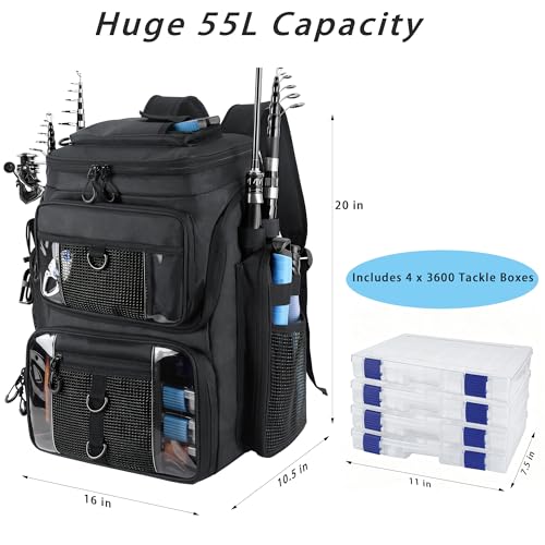 Fishing Backpack with 4 Tackle Boxes, 55L Large Tackle Box Backpack with 4 Rod Holders, Waterproof 900D Tackle Backpacks with Cooler & Clear Gear Windows, Fishing Gifts for Men Women, Black - color: Black (with 4Boxes)