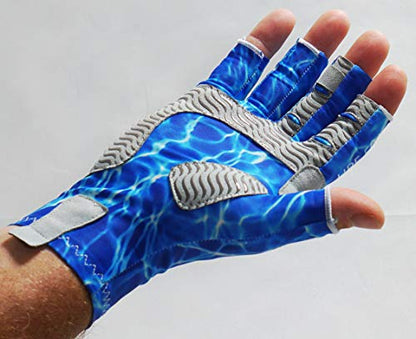 Fishoholic UPF50+ Fingerless Fishing Gloves - Sticky Grip Sun Protection Glove - Kayaking Paddling or Rowing - color: Blue H2O Camo, size: S / M