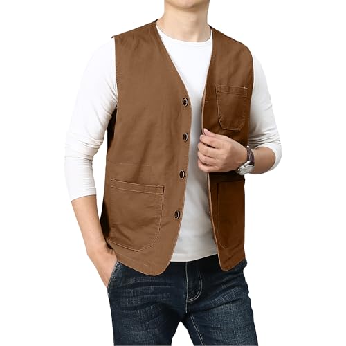 PRIJOUHE Men's Casual Outdoor Cotton Vest Lightweight Breathable Multi-Pocket Fishing Safari Travel Vests Outwear - color: 02-brown, size: XX-Large