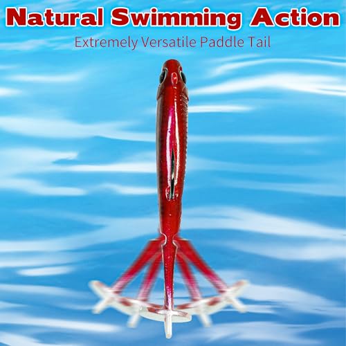 6PCS Soft Plastic Fishing Lures - 3.5in Swim Baits for Bass Pre-Rigged Jig Heads Walleye Fishing Lures with Paddle Tail Swimbaits for Bass Fishing Fishing Soft Plastic Lure Kit - color: Red