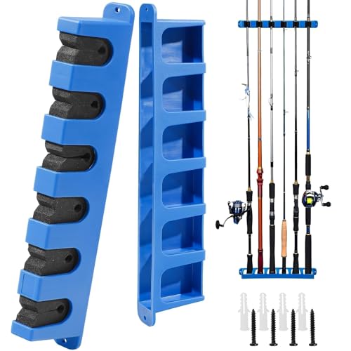DZrudun Vertical Fishing Rod Holder for Garage Wall Mounted - 6 Rods Fishing Pole Storage Rack with Damage-Free EVA Grip, Interlocking Fishing Pole Holders for Garage Organization, Best Fish Gifts Men - style: Vertical Blue,1Pair