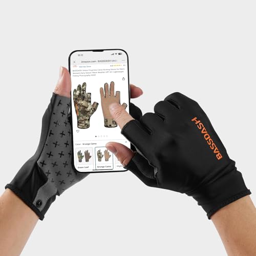 BASSDASH Unisex Fingerless Camo Hunting Gloves for Men's Women's Early Season Warm Weather UPF 50+ Lightweight Fishing Photography HG03 - color: Black, size: Large