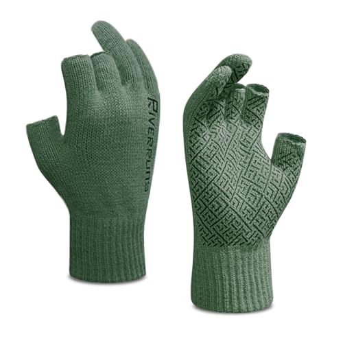 Riverruns Wool Fishing Gloves - Winter Fingerless Knitted Gloves for Men and Women 3-Cut Fingers Warm Gloves for Cold Weather, Fly Fishing, Ice Fishing, Kayaking - color: Green