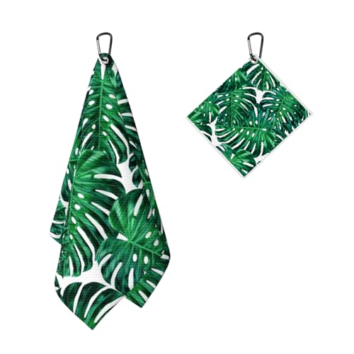 Tropical Green Golf Towel for Golf Bags Carts Palm Trees Golf Towels with Clip Botanical Waffle Towels Cleaning Cloth 2 Packs for Men Golfer Accessories, Birthday Father's Day Present - color: Green