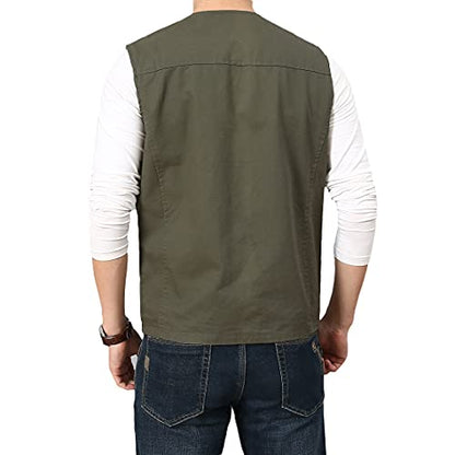 PRIJOUHE Men's Casual Outdoor Cotton Vest Lightweight Breathable Multi-Pocket Fishing Safari Travel Vests Outwear - color: 02-green, size: X-Large