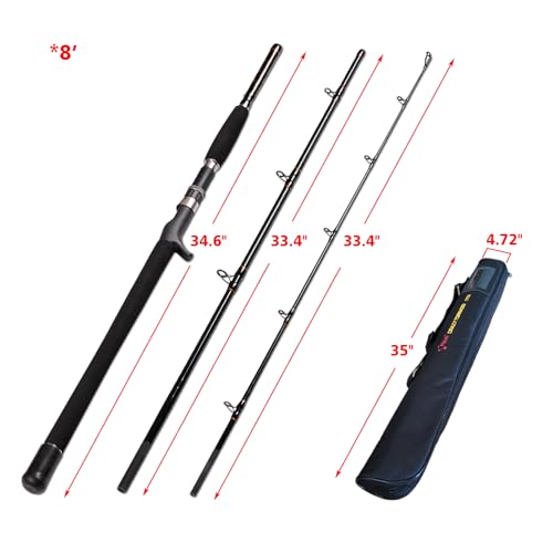 Portable Saltwater Offshore Heavy 3-Piece Travel Graphite Baitcasting Fishing Poles Casting Boat Jigging Trolling Conventional Rods with Rod Case Bag (6'/7'/8') - size: 8'