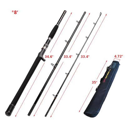 Portable Saltwater Offshore Heavy 3-Piece Travel Graphite Baitcasting Fishing Poles Casting Boat Jigging Trolling Conventional Rods with Rod Case Bag (6'/7'/8') - size: 8'